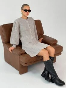CLARA VERO Light Grey Balloon Sleeve Crop Cardigan Set, Loose Fit, Cropped Button Front Cardigan, Ruffled Mini Skirt, Acrylic Blend, Tea Party Everyday Casual - Grey - View 5