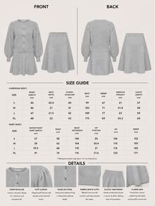 CLARA VERO Light Grey Balloon Sleeve Crop Cardigan Set, Loose Fit, Cropped Button Front Cardigan, Ruffled Mini Skirt, Acrylic Blend, Tea Party Everyday Casual - Grey - View 9