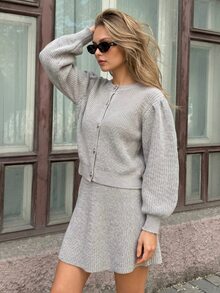 CLARA VERO Light Grey Balloon Sleeve Crop Cardigan Set, Loose Fit, Cropped Button Front Cardigan, Ruffled Mini Skirt, Acrylic Blend, Tea Party Everyday Casual - Grey - View 2
