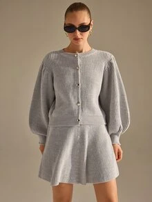 CLARA VERO Light Grey Balloon Sleeve Crop Cardigan Set, Loose Fit, Cropped Button Front Cardigan, Ruffled Mini Skirt, Acrylic Blend, Tea Party Everyday Casual - Grey - View 10