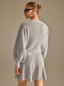 CLARA VERO Light Grey Balloon Sleeve Crop Cardigan Set, Loose Fit, Cropped Button Front Cardigan, Ruffled Mini Skirt, Acrylic Blend, Tea Party Everyday Casual - Grey - View 4