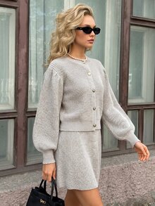 CLARA VERO Light Grey Balloon Sleeve Crop Cardigan Set, Loose Fit, Cropped Button Front Cardigan, Ruffled Mini Skirt, Acrylic Blend, Tea Party Everyday Casual - Grey - View 6