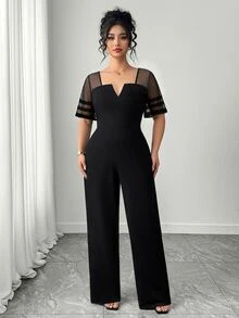 SHEIN Clasi Women's Spring/Summer Fashion Minimalist Mesh Patchwork Design, Waist-Cinching Straight-Leg Jumpsuit - Black - View 7