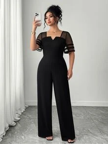 SHEIN Clasi Women's Spring/Summer Fashion Minimalist Mesh Patchwork Design, Waist-Cinching Straight-Leg Jumpsuit - Black - View 8