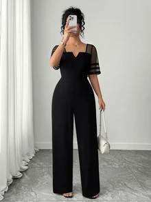 SHEIN Clasi Women's Spring/Summer Fashion Minimalist Mesh Patchwork Design, Waist-Cinching Straight-Leg Jumpsuit - Black - View 6