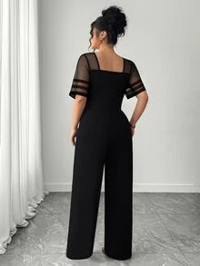 SHEIN Clasi Women's Spring/Summer Fashion Minimalist Mesh Patchwork Design, Waist-Cinching Straight-Leg Jumpsuit - Black - View 2