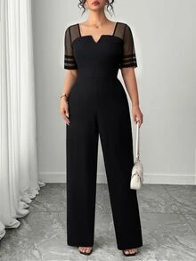 SHEIN Clasi Women's Spring/Summer Fashion Minimalist Mesh Patchwork Design, Waist-Cinching Straight-Leg Jumpsuit - Black - View 3