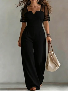 SHEIN Clasi Women's Spring/Summer Fashion Minimalist Mesh Patchwork Design, Waist-Cinching Straight-Leg Jumpsuit - Black - View 5