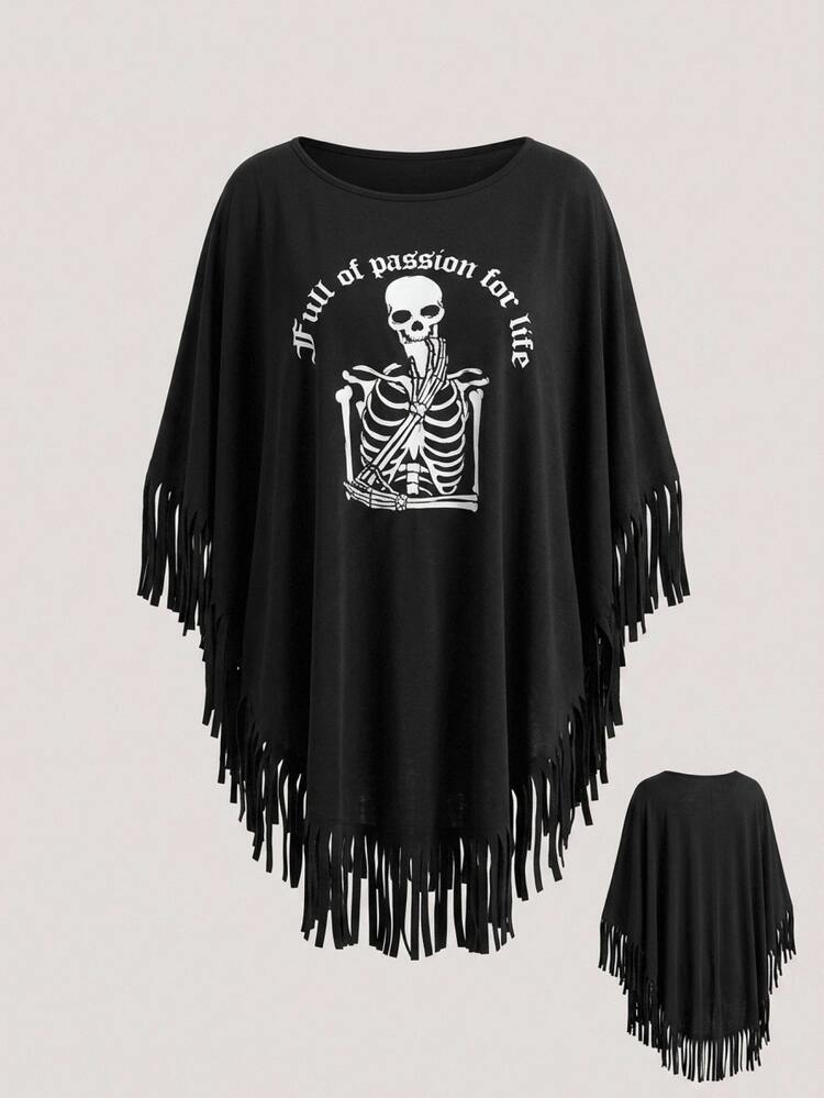 SHEIN CURVE+ Plus Size Skull Print Tassel Hem Batwing Sleeve T-Shirt Halloween - Black - View 7
