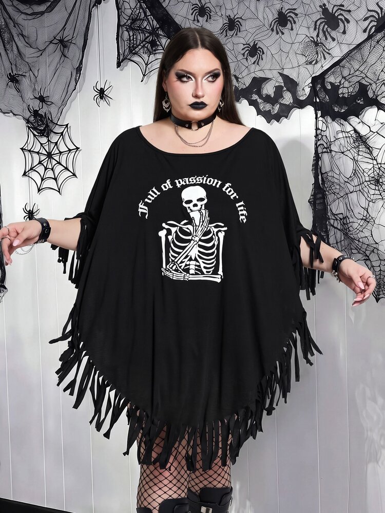 SHEIN CURVE+ Plus Size Skull Print Tassel Hem Batwing Sleeve T-Shirt Halloween - Black - View 5