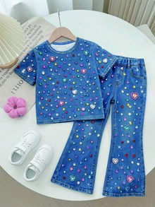 SHEIN Young Girl Casual Minimalist Cartoon Pattern Round Neck Short Sleeve Top & Flared Pants 2 Pieces Set, Suitable For Summer - Multicolor - View 3