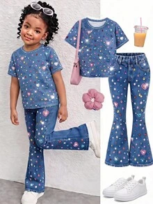 SHEIN Young Girl Casual Minimalist Cartoon Pattern Round Neck Short Sleeve Top & Flared Pants 2 Pieces Set, Suitable For Summer - Multicolor - View 7