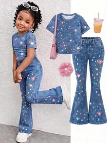 SHEIN Young Girl Casual Minimalist Cartoon Pattern Round Neck Short Sleeve Top & Flared Pants 2 Pieces Set, Suitable For Summer - Multicolor - View 9