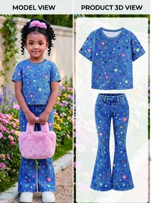 SHEIN Young Girl Casual Minimalist Cartoon Pattern Round Neck Short Sleeve Top & Flared Pants 2 Pieces Set, Suitable For Summer - Multicolor - View 5