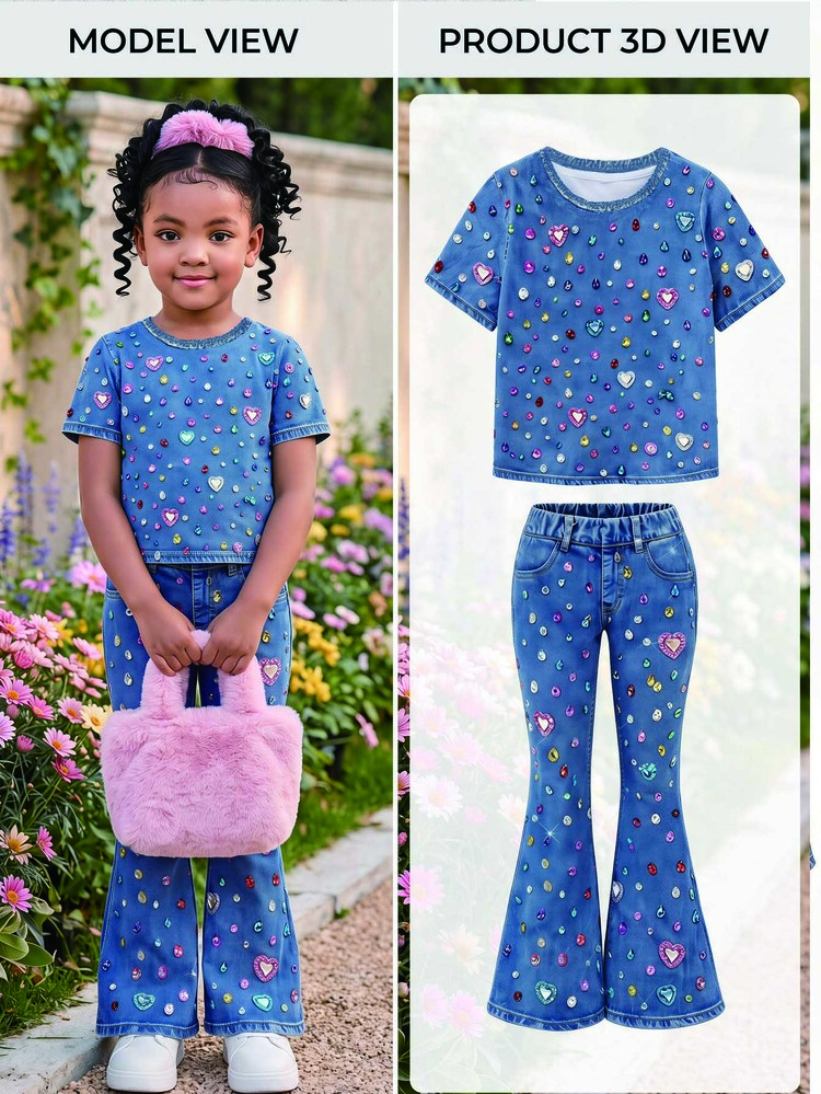 SHEIN Young Girl Casual Minimalist Cartoon Pattern Round Neck Short Sleeve Top & Flared Pants 2 Pieces Set, Suitable For Summer - Multicolor - View 4