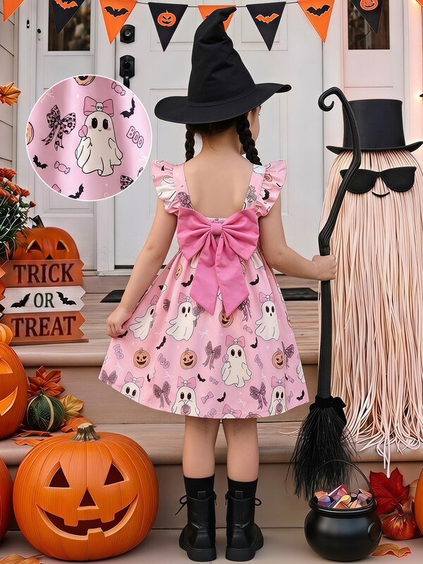 SHEIN Young Girl Party Holiday Cool Cute Elegant Sweet Popular Gift Halloween Cartoon Pumpkin Head Digital Print Bow Princess Dress, Spring Summer Autumn