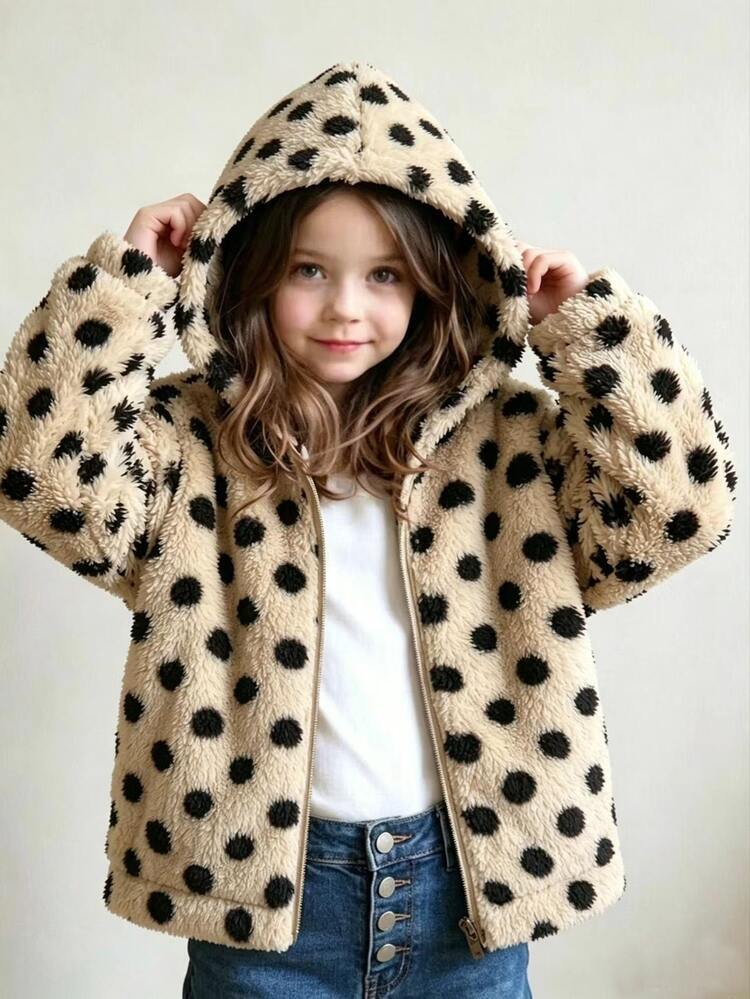 Girls' Fashion Minimalist White Polka Dot Comfortable Plush Hooded Long Sleeve Zip-Up Jacket, Autumn/Winter - Apricot - View 1