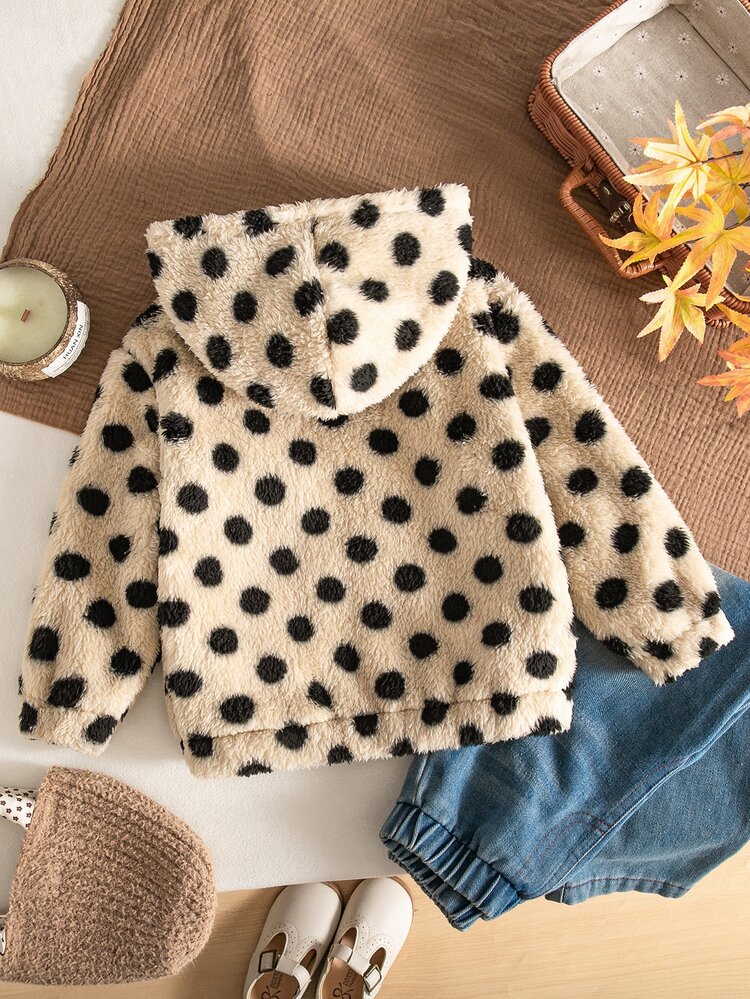 Girls' Fashion Minimalist White Polka Dot Comfortable Plush Hooded Long Sleeve Zip-Up Jacket, Autumn/Winter - Apricot - View 2