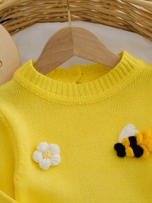 SHEIN 女嬰淡黃色小蜜蜂圖案花朵3D裝飾嬰兒連身衣，可愛仙女風，柔軟舒適彈性，甜美刺繡圓領長袖 - 淡黃色 - 查看 5