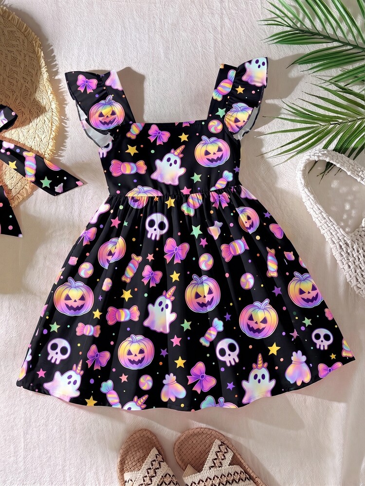 SHEIN Kids Young Girl Party Holiday Cool Cute Elegant Sweet Gift Halloween Cartoon Pumpkin Head Digital Print Bow Princess Dress, Spring Summer Autumn - Multicolor - View 4