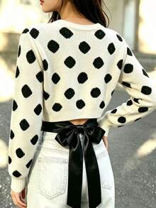 SHEIN PariChic French Sweet Cool Style Leopard Jacquard Knit Top With Tie Bow, Cropped Drop Shoulder Long Sleeve Cardigan - Apricot - View 2
