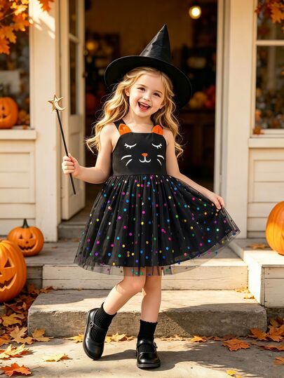 SHEIN Young Girl Twins Halloween Funny Expression Print Mesh Patchwork 3d Ear Cute Cat Graphic Casual Outfit Halter Neck A-Line Dress,