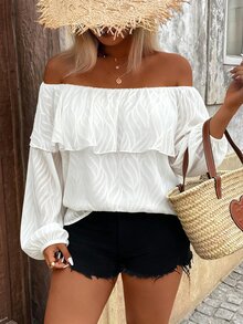 Breezaya Plus Size All White Wavy Jacquard Ruffle Double Layer Puff Long Sleeve Blouse For Women Elegant Sexy Vacation Chiffon Shirt Autumn Brunch - White - View 3