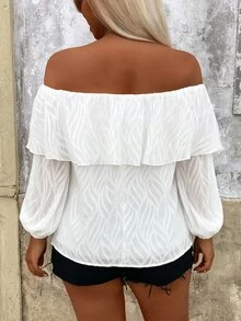 Breezaya Plus Size All White Wavy Jacquard Ruffle Double Layer Puff Long Sleeve Blouse For Women Elegant Sexy Vacation Chiffon Shirt Autumn Brunch - White - View 2