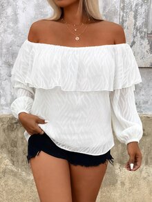 Breezaya Plus Size All White Wavy Jacquard Ruffle Double Layer Puff Long Sleeve Blouse For Women Elegant Sexy Vacation Chiffon Shirt Autumn Brunch - White - View 4