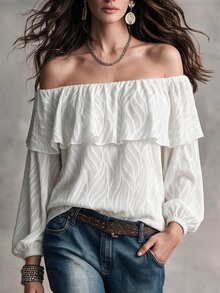 Breezaya Plus Size All White Wavy Jacquard Ruffle Double Layer Puff Long Sleeve Blouse For Women Elegant Sexy Vacation Chiffon Shirt Autumn Brunch - White - View 1