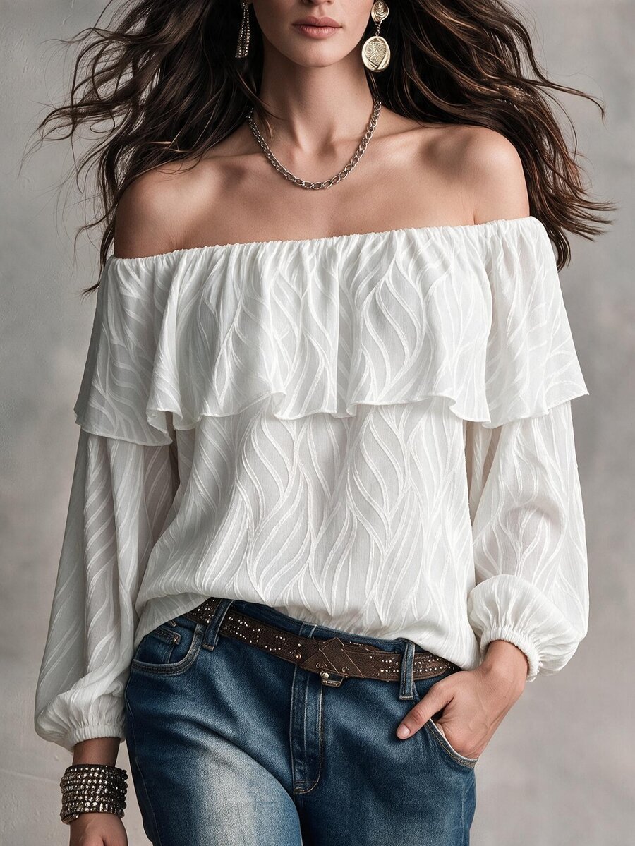 Breezaya Plus Size All White Wavy Jacquard Ruffle Double Layer Puff Long Sleeve Blouse For Women Elegant Sexy Vacation Chiffon Shirt Autumn Brunch - White - View 1