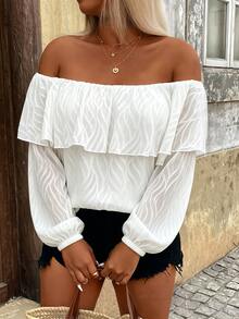 Breezaya Plus Size All White Wavy Jacquard Ruffle Double Layer Puff Long Sleeve Blouse For Women Elegant Sexy Vacation Chiffon Shirt Autumn Brunch - White - View 5