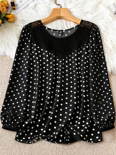 SHEIN LUNE CURVE Ženska bluza plus size crna sa belim tufnicama, dijamantskim izrezima i čipkastim patchwork detaljima, okrugla kragna, dugi širi rukavi sa manžetnama u lantern stilu, laskav zakrivljen donji deo, košulja za posao