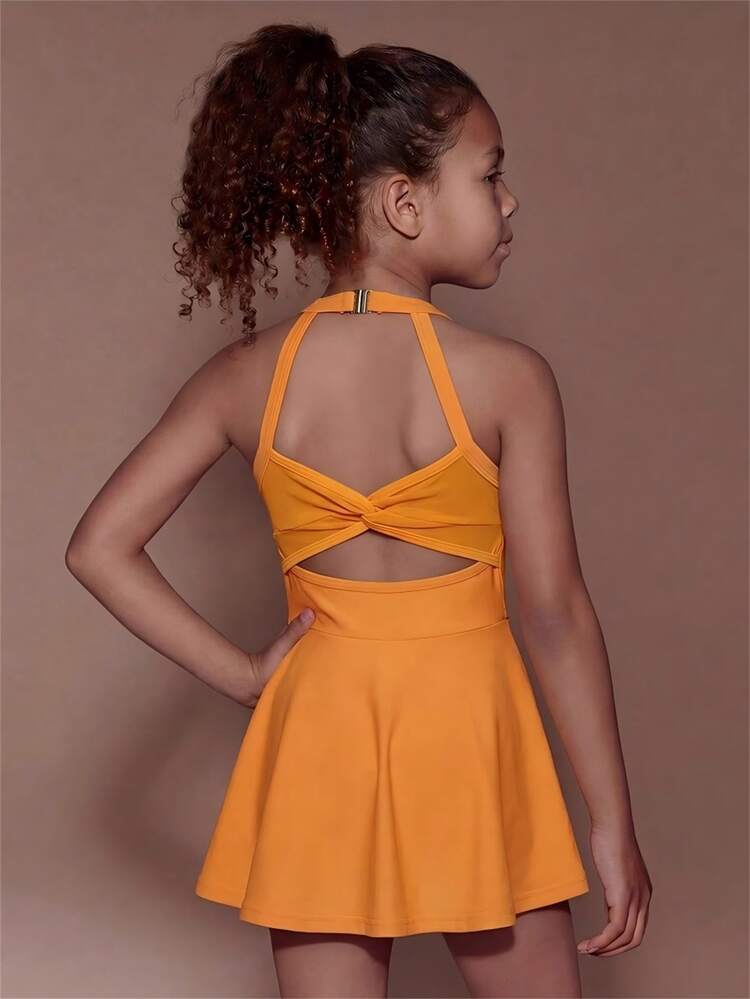 SHEIN Young Girls' Halter Neck Sports Dress, Orange Color, Halter Neckline, Twisted Cross-Back Cutout, Flared Skirt, Solid, Knit, Fitted, Sportswear, Vest - Orange - View 3