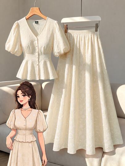 GlowEve CURVE Plus Size Women's Soft Pink 3D Floral Embroidered V-Neck Puff Sleeve Cinched Waist Top And Full Skirt, Sweet And Elegant Style, Suitable For Spring And Summer, 2-Piece Set