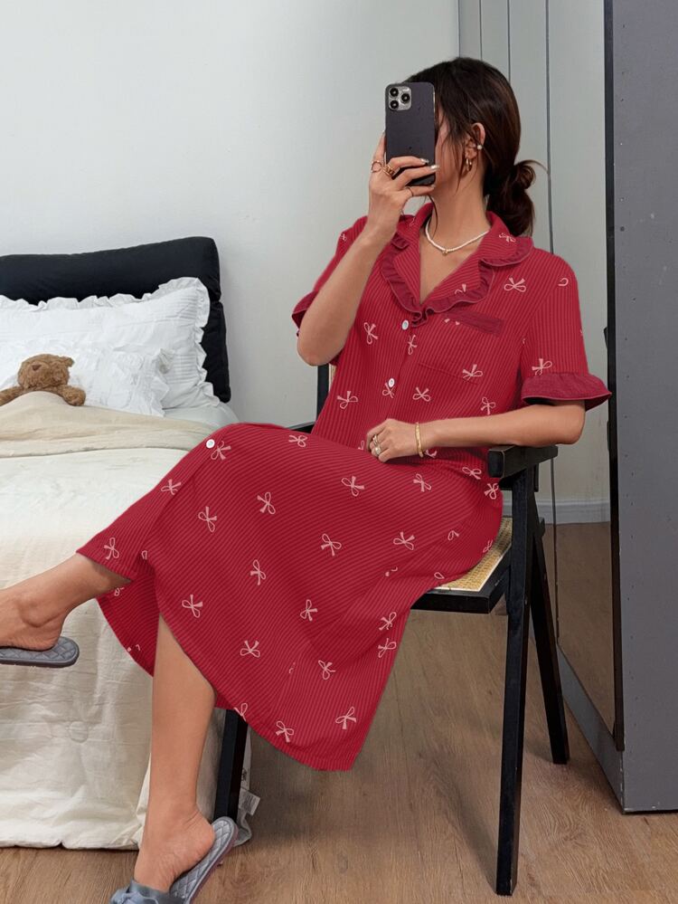 Dream Adore Blue Striped Bow Print Elegant Cute Women's Ruffle Hem Long Nightgown - Burgundy - View 4