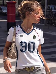 IslaSuriya 女款復古 Y2K 2000年代磨損風海軍藍與白色 90號球衣 T-shirt 修身 V 領短袖運動上衣 外出穿搭 教師夏季款 - 彩色 - 查看 2
