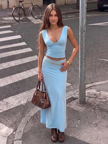 SuriyaCove B430: Women's Light Blue V-Neck Top And Long Skirt 2-Piece Set Everyday Date Summer Casual Streetwear - Blue - View 4