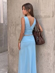 SuriyaCove B430: Women's Light Blue V-Neck Top And Long Skirt 2-Piece Set Everyday Date Summer Casual Streetwear - Blue - View 2