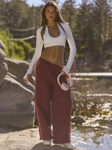 Aralina Leisurewear Active High Waist Contrast Colour Side Panel With Pinping Wide Leg Lightweight Track Pants Casual Streetwear Sporty Loose Fit Hiking Pants - Burgundy - View 9