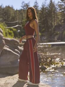 Aralina Leisurewear Active High Waist Contrast Colour Side Panel With Pinping Wide Leg Lightweight Track Pants Casual Streetwear Sporty Loose Fit Hiking Pants - Burgundy - View 8