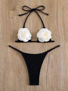 Swim SXY 夏日沙灘彩塊3D花細節露背背心比基尼套裝 - 黑色 - 查看 4