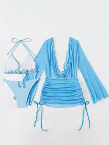 Vaytide Ladies' Vacation Solid Color Halter Strap Sexy Bikini Set With Cover-Up Dress, Summer Beach - Blue - View 4