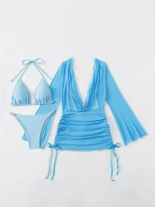 Vaytide Ladies' Vacation Solid Color Halter Strap Sexy Bikini Set With Cover-Up Dress, Summer Beach - Blue - View 9