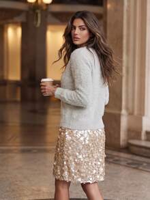 Anewsta Light Gray Faux Mink Fur Round Neck Sweater Women Autumn/Winter Heavy Beaded Sequin Fireworks Rhinestone Soft Fluffy Loose Long Sleeve Atmospheric Knit Base Layer - Light Grey - View 2