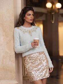 Anewsta Light Gray Faux Mink Fur Round Neck Sweater Women Autumn/Winter Heavy Beaded Sequin Fireworks Rhinestone Soft Fluffy Loose Long Sleeve Atmospheric Knit Base Layer - Light Grey - View 1