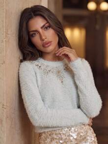 Anewsta Light Gray Faux Mink Fur Round Neck Sweater Women Autumn/Winter Heavy Beaded Sequin Fireworks Rhinestone Soft Fluffy Loose Long Sleeve Atmospheric Knit Base Layer - Light Grey - View 5