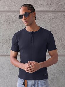 ESTAVOR Men's Summer Casual Versatile Solid Color Short Sleeve T-Shirt - Navy Blue - View 5