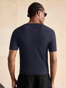ESTAVOR Men's Summer Casual Versatile Solid Color Short Sleeve T-Shirt - Navy Blue - View 4