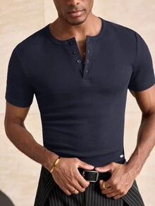 ESTAVOR Men's Summer Casual Versatile Solid Color Short Sleeve T-Shirt - Navy Blue - View 3
